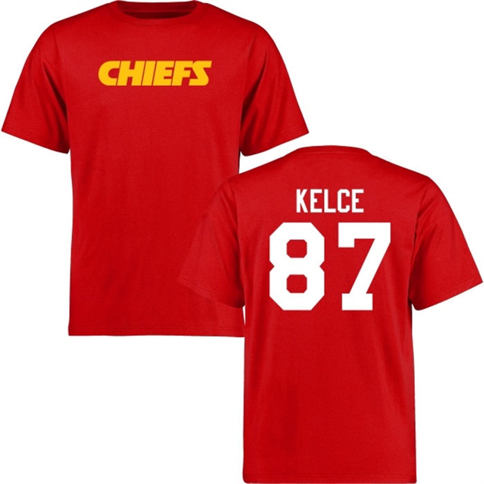 Kansas City Chiefs #87 Travis Kelce Red Name & Number Wordmark T-shirt