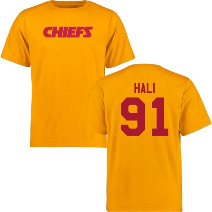 Kansas City Chiefs #91 Tamba Hali Gold Name & Number Wordmark T-shirt