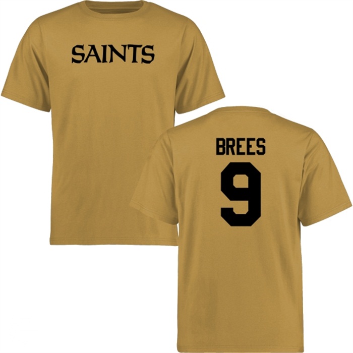 New Orleans Saints #9 Drew Brees Gold Name & Number Wordmark T-shirt