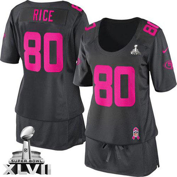 Nike NFL 49ers Women Jerry Rice Dark Grey Game Breast Cancer Awareness Super Bowl Jersey