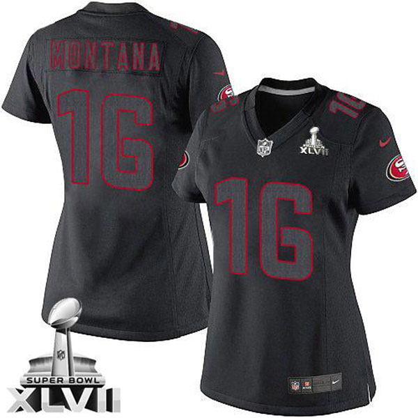 Nike NFL 49ers Women Joe Montana Black Game Impact Super Bowl Jersey