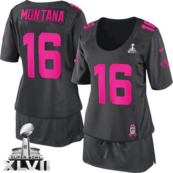 Nike NFL 49ers Women Joe Montana Dark Grey Game Breast Cancer Awareness Super Bowl Jersey