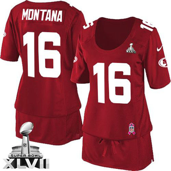 Nike NFL 49ers Women Joe Montana Red Game Breast Cancer Awareness Super Bowl Jersey