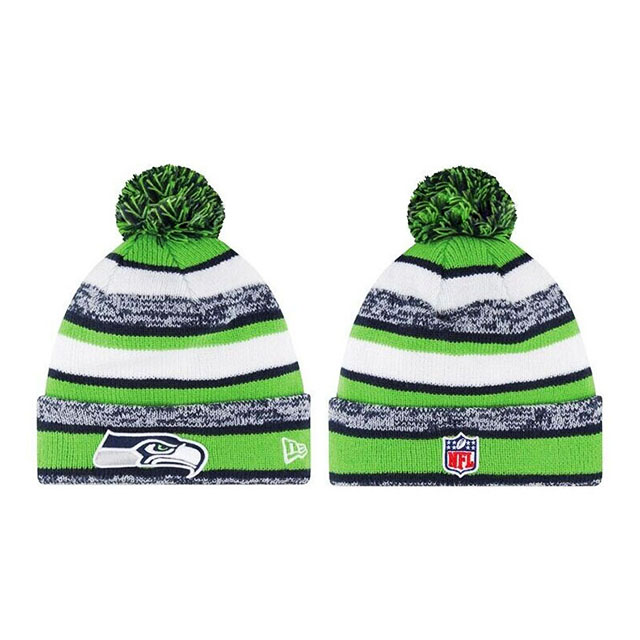 Men's Seattle Seahawks New Era Green & White Stripe Sport Cuffed Knit Hat With Pom