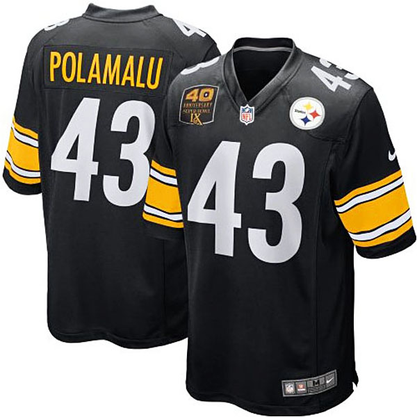 Mens Pittsburgh Steelers #43 Troy Polamalu Nike Black Super Bowl IX 40th Anniversary Patch Game Jersey