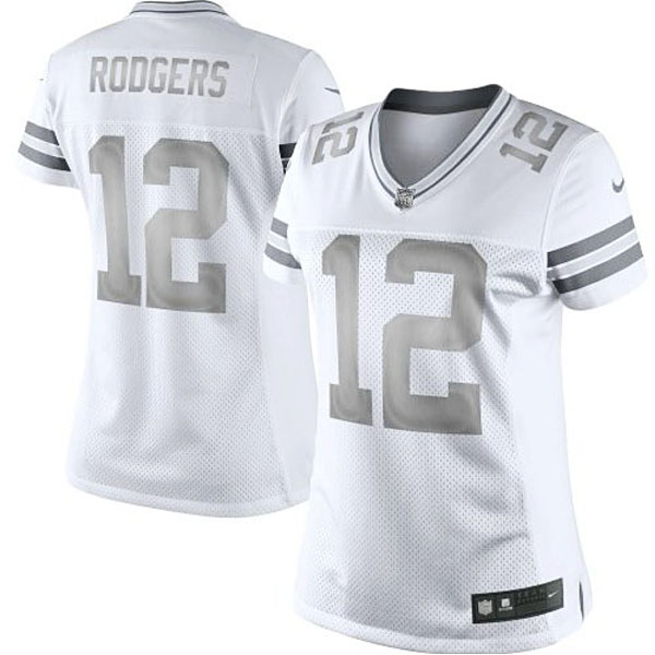 Women's Green Bay Packers #12 Aaron Rodgers Nike White Platinum Jersey