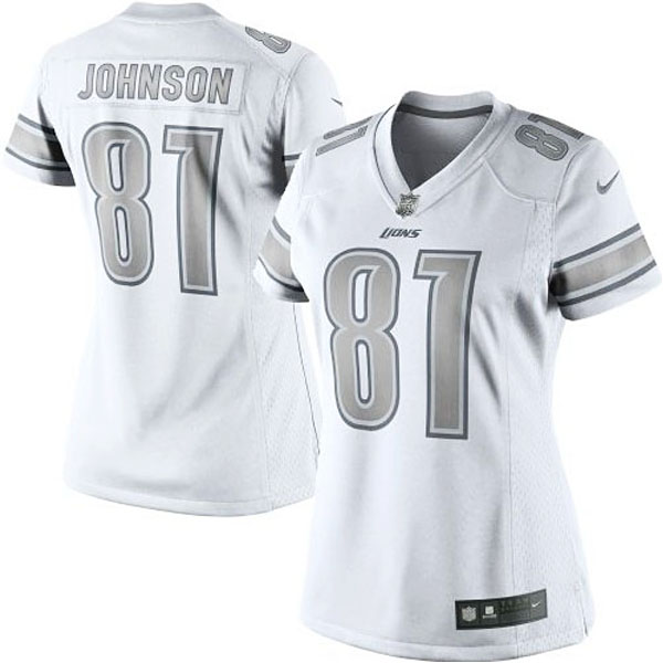 Women's Detroit Lions #81 Calvin Johnson Nike White Platinum Jersey