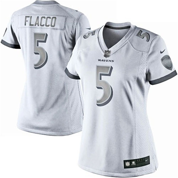 Women's Baltimore Ravens #5 Joe Flacco Nike White Platinum Jersey