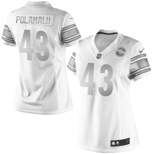 Women's Pittsburgh Steelers #43 Troy Polamalu Nike White Platinum Jersey