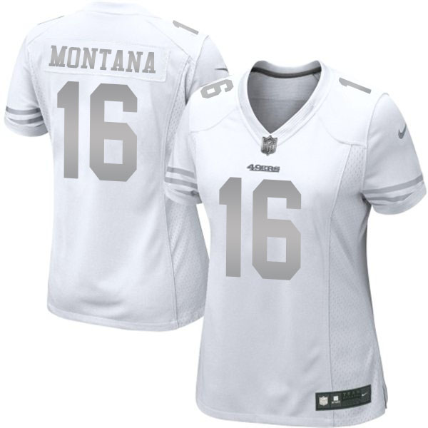 Women's San Francisco 49ers #16 Joe Montana White Platinum Limited Jersey