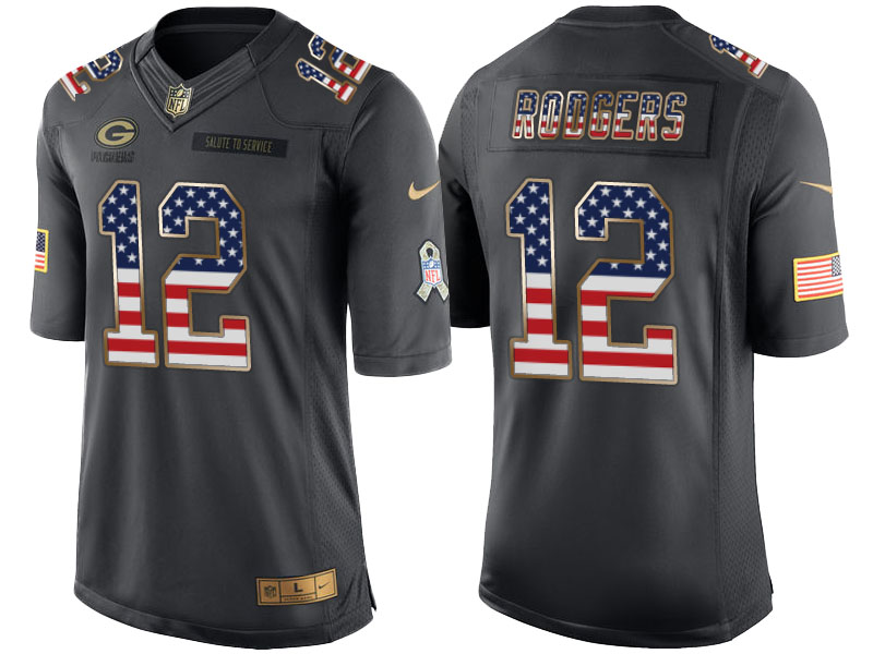 Green Bay Packers #12 Aaron Rodgers Anthracite Salute to Service USA Flag Fashion Jersey