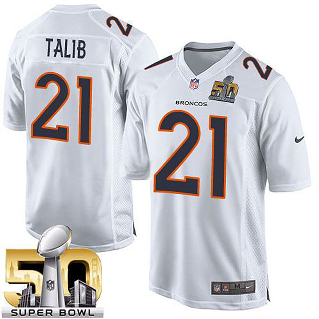 Denver Broncos #21 Aqib Talib White Super Bowl 50 Game Event Jersey