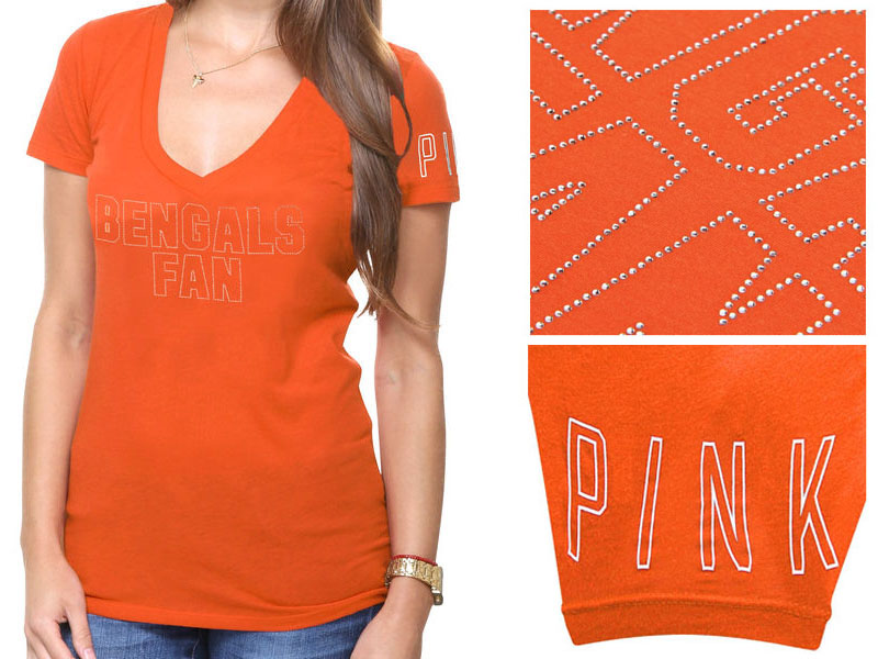 Women's Cincinnati Bengals Orange Victoria's Secret PINK Rhinestone V-Neck T-Shirt