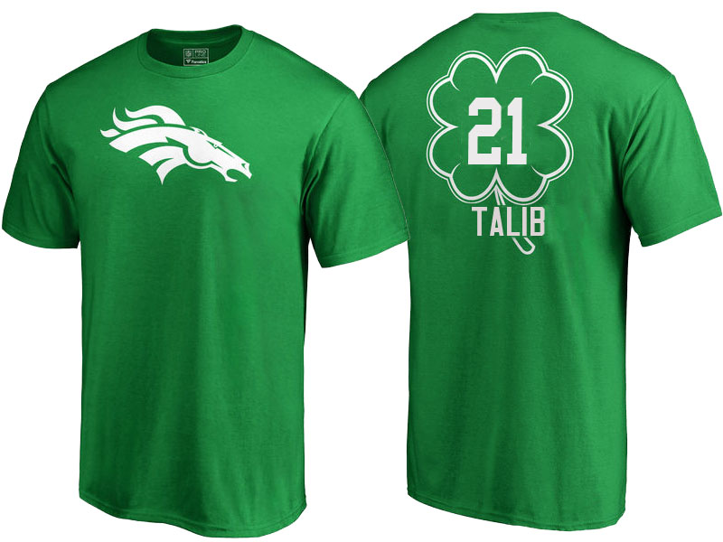 Denver Broncos #21 Aqib Talib Kelly Green St. Patrick's Day Name & Number T-Shirt