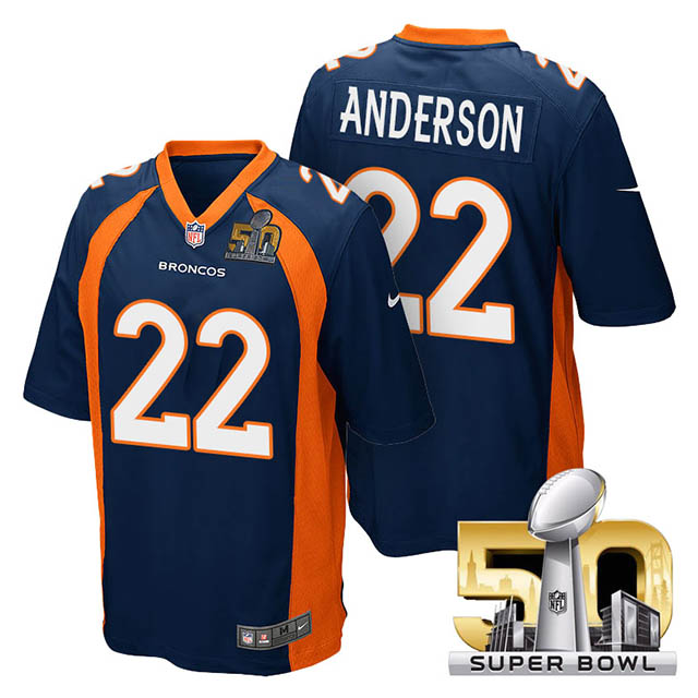 Youth Denver Broncos #22 C.J. Anderson Navy Blue 2016 Super Bowl 50 Game Jersey