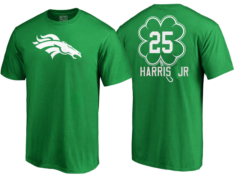 Denver Broncos #25 Chris Harris Jr Kelly Green St. Patrick's Day Name & Number T-Shirt