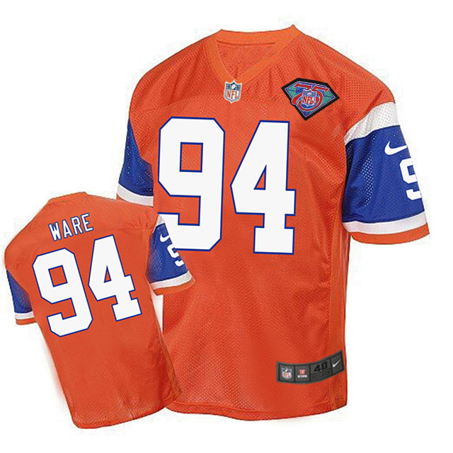 Denver Broncos #94 DeMarcus Ware Orange 75th Patch Vintage Jersey