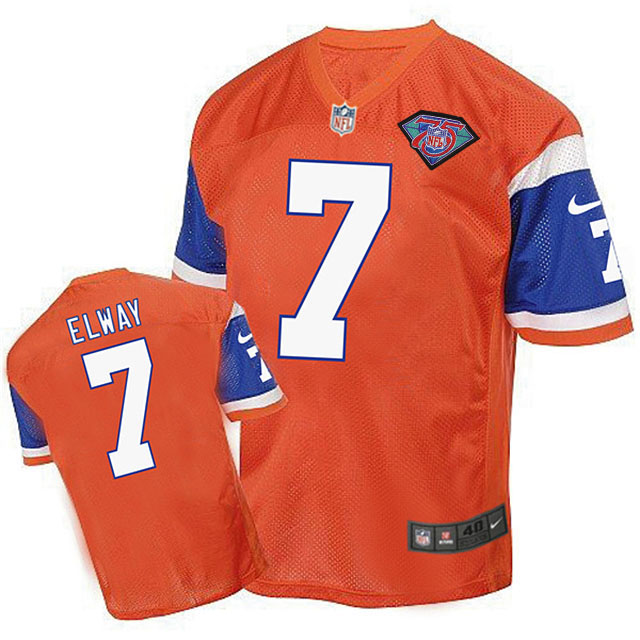 Denver Broncos #7 John Elway Orange 75th Patch Throwback Jersey