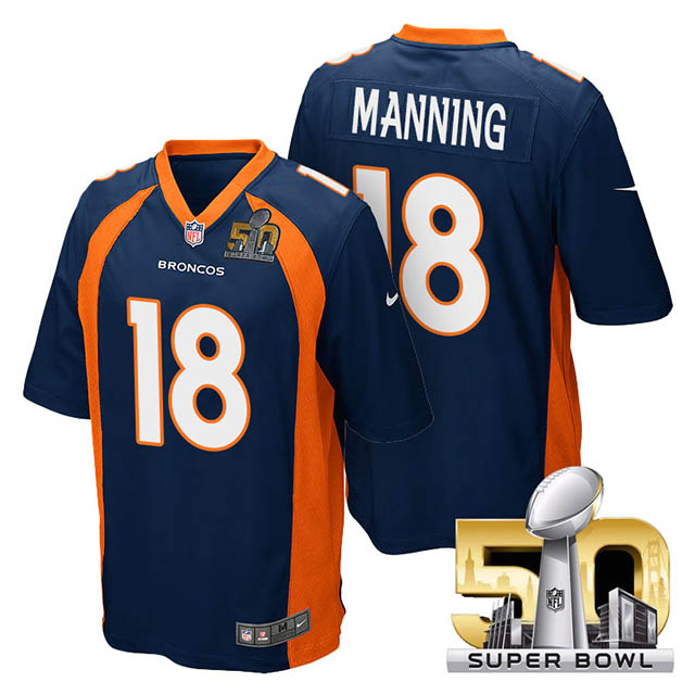 Youth Denver Broncos #18 Peyton Manning Navy Blue 2016 Super Bowl 50 Game Jersey