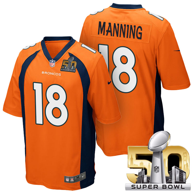 Denver Broncos #18 Peyton Manning Orange 2016 Super Bowl 50 Game Jersey