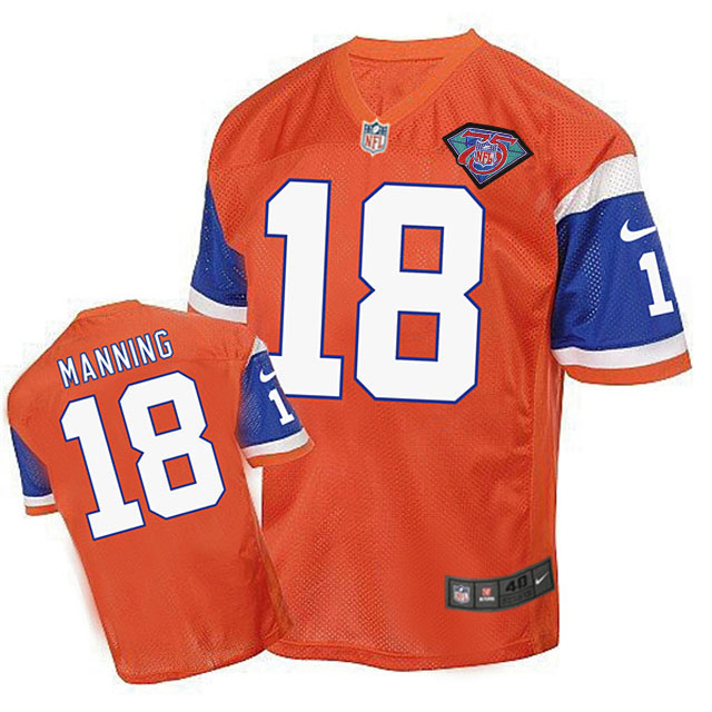 Denver Broncos #18 Peyton Manning Orange 75th Patch Throwback Jersey