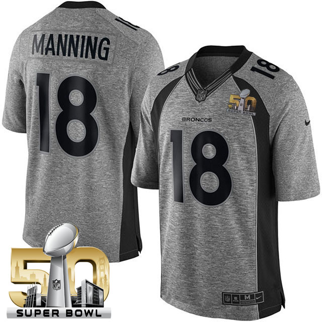 Super Bowl 50 Denver Broncos #18 Peyton Manning Gridiron Gray Limited Jersey