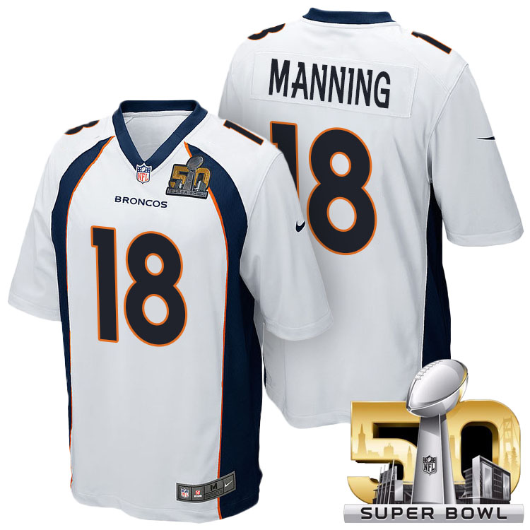 Denver Broncos #18 Peyton Manning White 2016 Super Bowl 50 Game Jersey