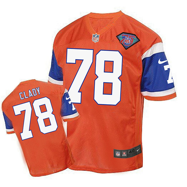 Denver Broncos #78 Ryan Clady Orange 75th Patch Throwback Jersey