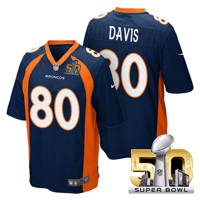 Youth Denver Broncos #80 Vernon Davis Navy Blue 2016 Super Bowl 50 Game Jersey