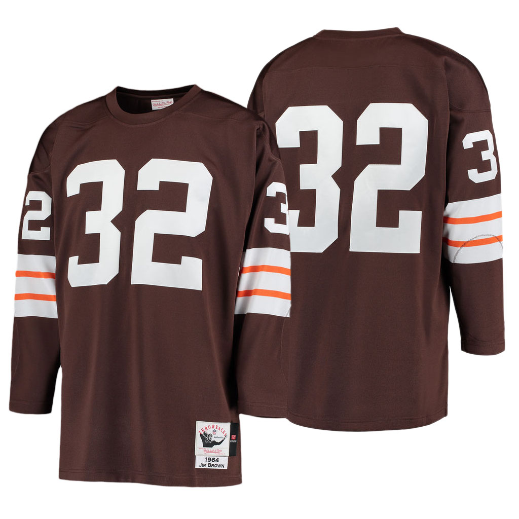 Cleveland Browns #32 Jim Brown Brown 1964 Authentic Throwback Long Sleeve Jersey