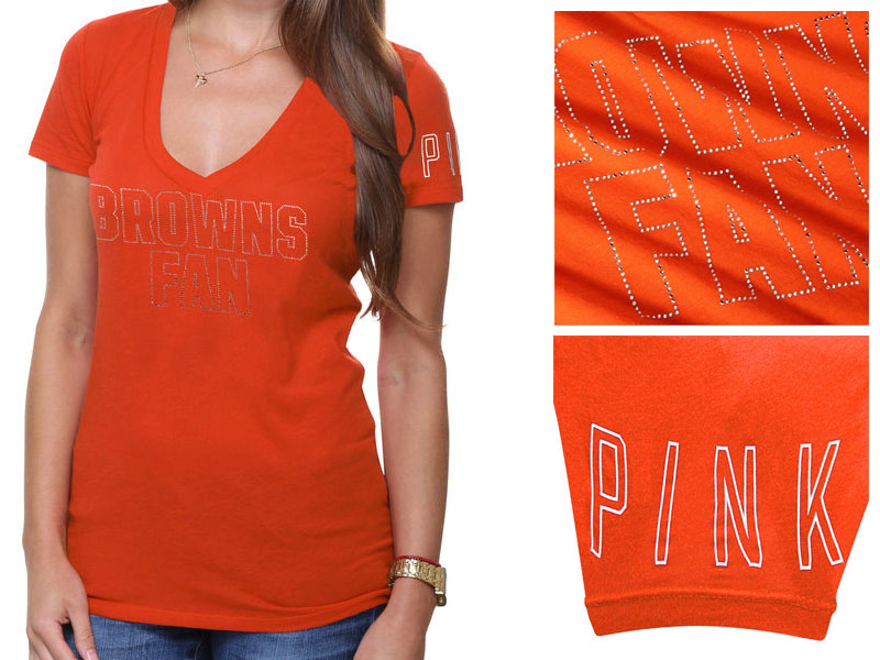 Women's Cleveland Browns Orange Victoria's Secret PINK Rhinestone V-Neck T-Shirt