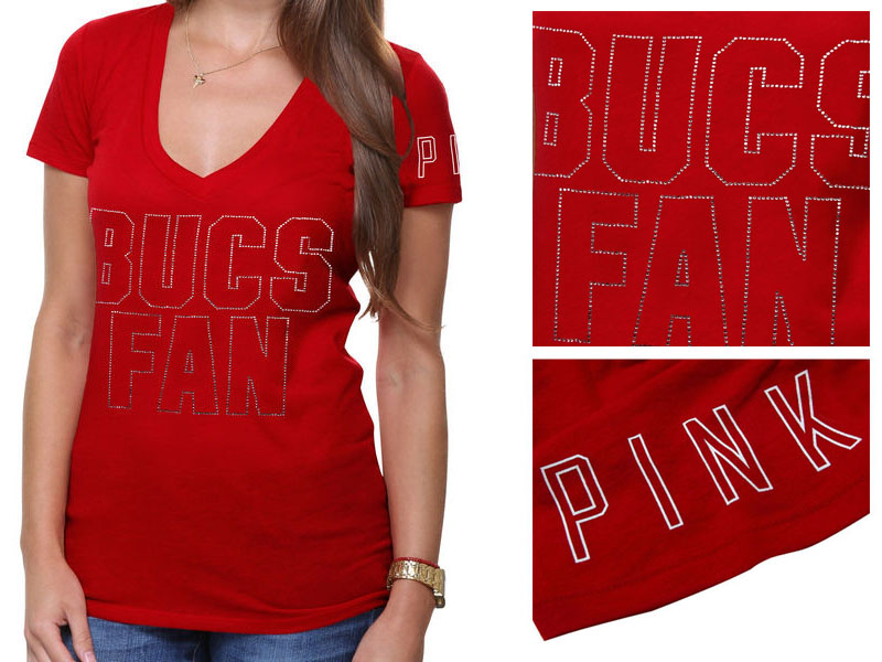 Women's Tampa Bay Buccaneers Red Victoria's Secret PINK Rhinestone V-Neck T-Shirt