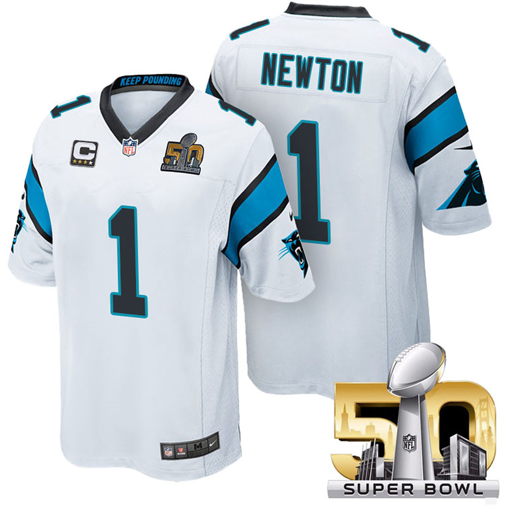 NFC Champions Carolina Panthers #1 Cam Newton White 2016 Super Bowl 50 Elite Captain Jersey