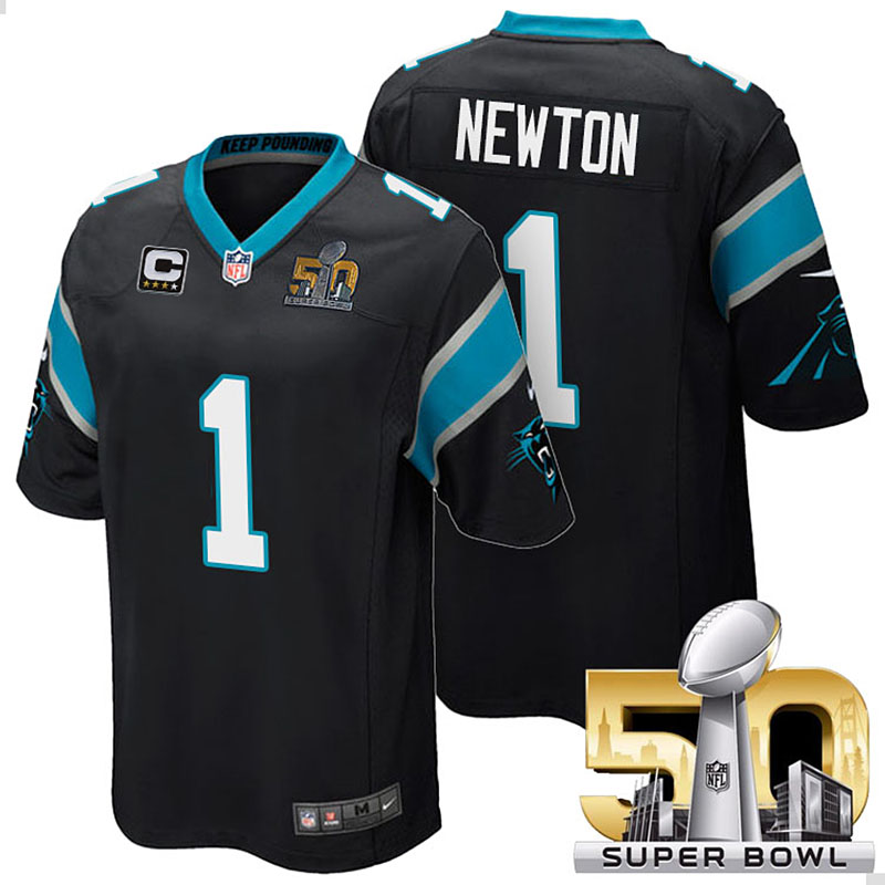 NFC Champions Carolina Panthers #1 Cam Newton Black 2016 Super Bowl 50 Limited Captain Jersey