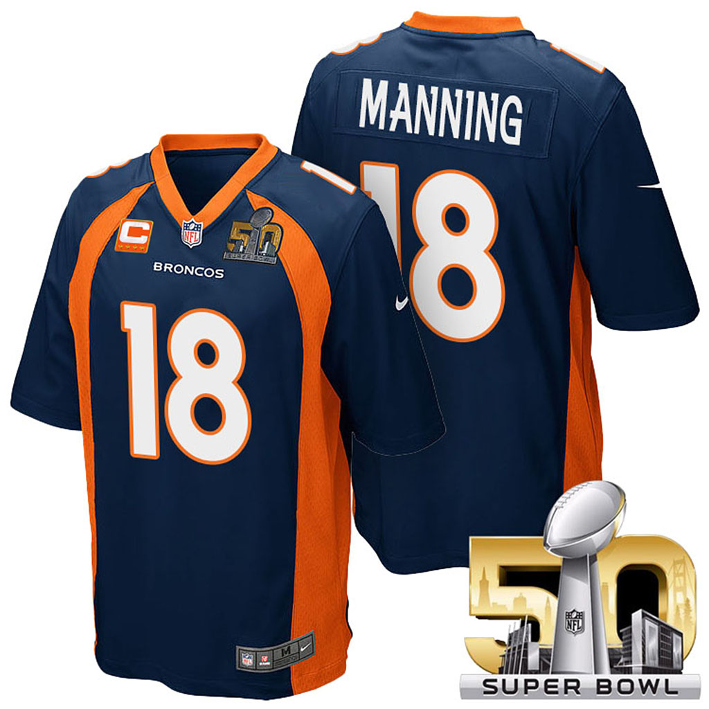 Denver Broncos #18 Peyton Manning Navy Blue 2016 Super Bowl 50 Elite Captain Jersey