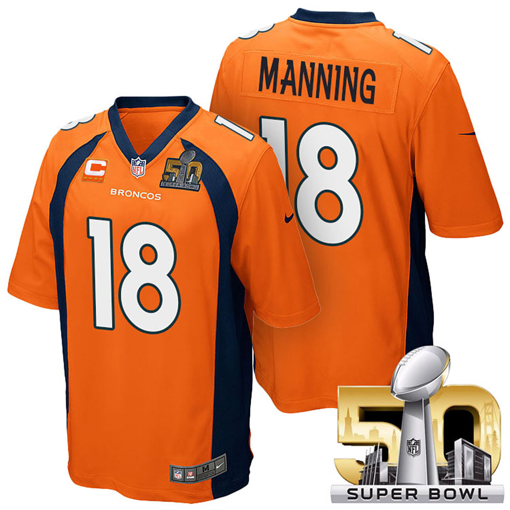 AFC Champions Denver Broncos #18 Peyton Manning Orange 2016 Super Bowl 50 Elite Captain Jersey