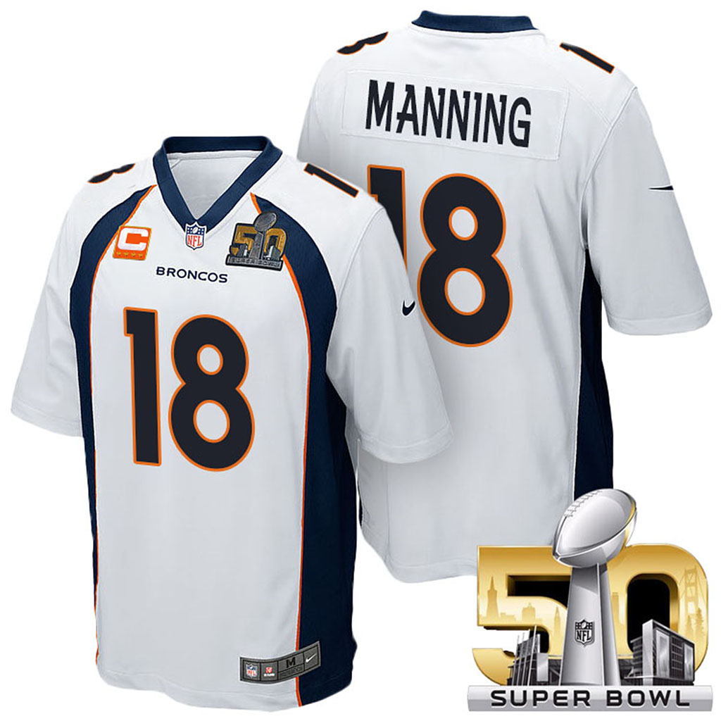 Denver Broncos #18 Peyton Manning White 2016 Super Bowl 50 Elite Captain Jersey