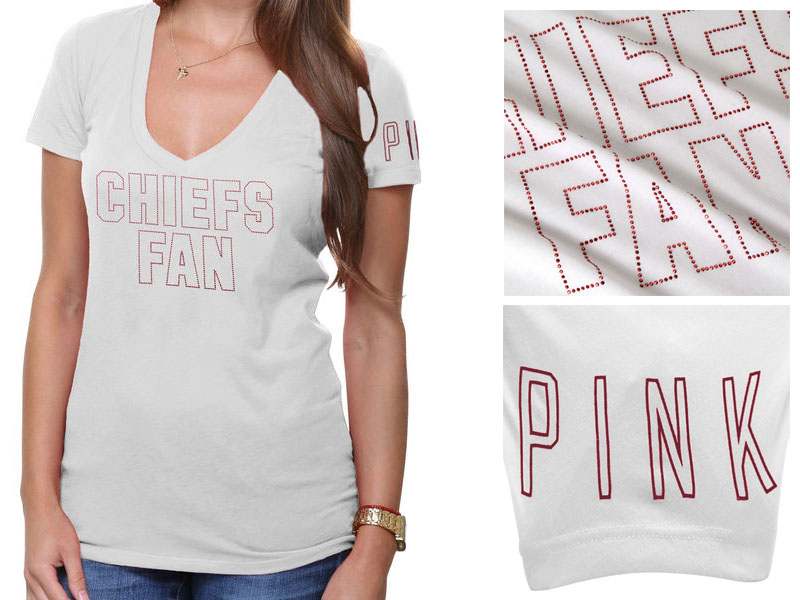 Women's Kansas City Chiefs White Victoria's Secret PINK Rhinestone V-Neck T-Shirt