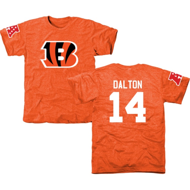 Cincinnati Bengals #14 Andy Dalton Orange Name & Number Tri-Blend T-shirt