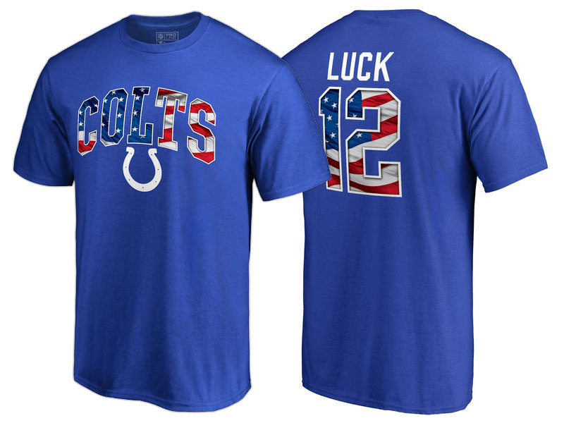 Indianapolis Colts #12 Andrew Luck Royal Banner Wave Name and Number T-Shirt