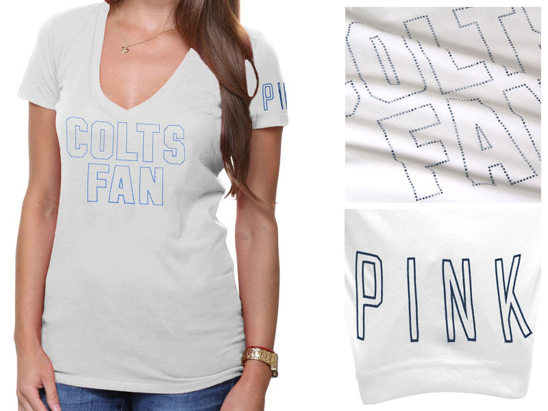 Women's Indianapolis Colts White Victoria's Secret PINK Rhinestone V-Neck T-Shirt