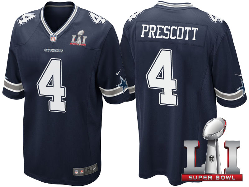 Dallas Cowboys #4 Dak Prescott Navy Blue 2017 Super Bowl LI Patch Game Jersey