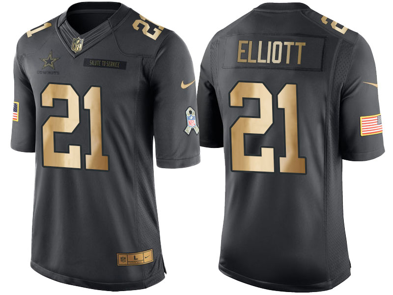 Cowboys #21 Ezekiel Elliott Gold Salute to Service 2016 Christmas Jersey