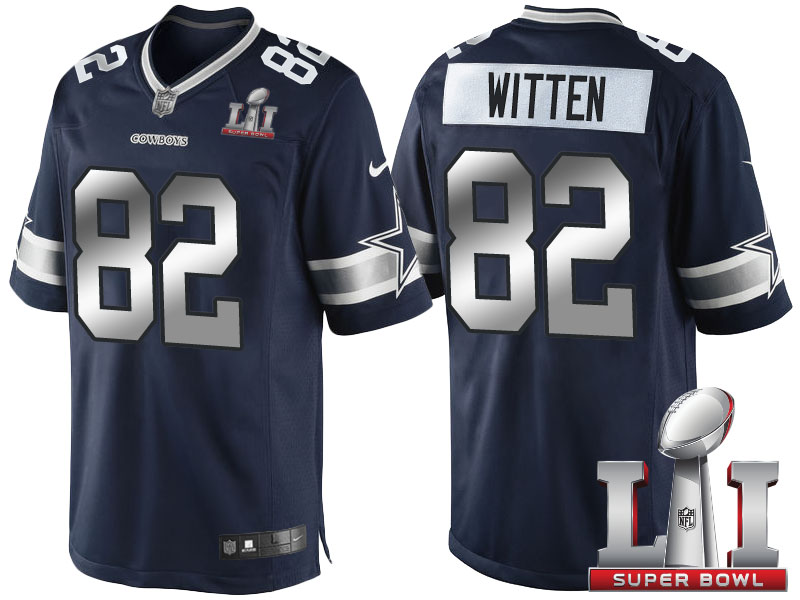 Dallas Cowboys #82 Jason Witten Navy Blue 2017 Super Bowl LI Patch Steel Silver Limited Jersey