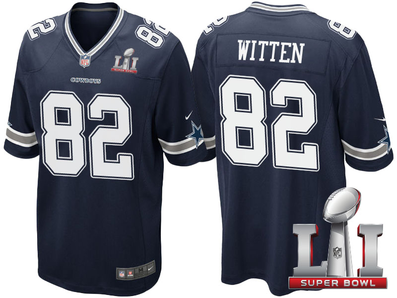 Dallas Cowboys #82 Jason Witten Navy Blue 2017 Super Bowl 51 Patch Game Jersey