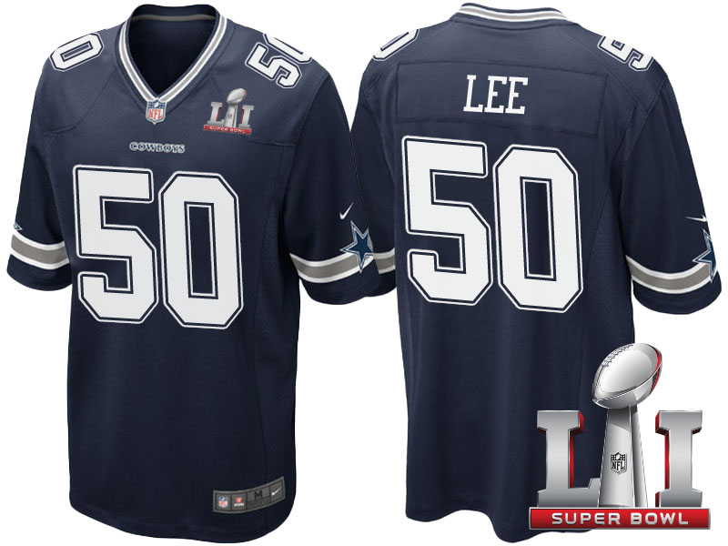 Dallas Cowboys #50 Sean Lee Navy Blue 2017 Super Bowl LI Patch Game Jersey