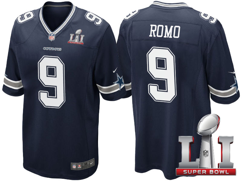 Dallas Cowboys #9 Tony Romo Navy Blue 2017 Super Bowl LI Patch Game Jersey