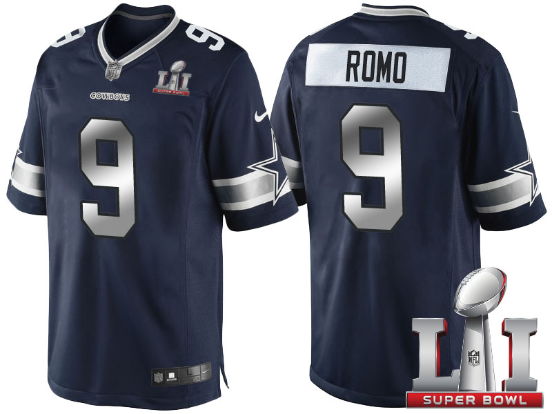 Dallas Cowboys #9 Tony Romo Navy Blue 2017 Super Bowl 51 Patch Steel Silver Limited Jersey