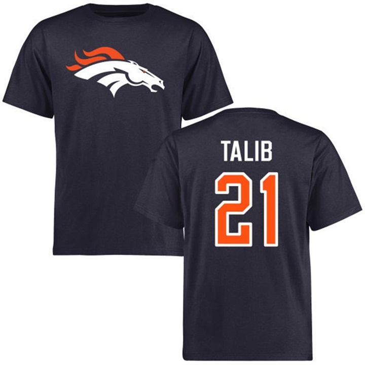 Denver Broncos #21 Aqib Talib Name & Number Navy Logo T-shirt