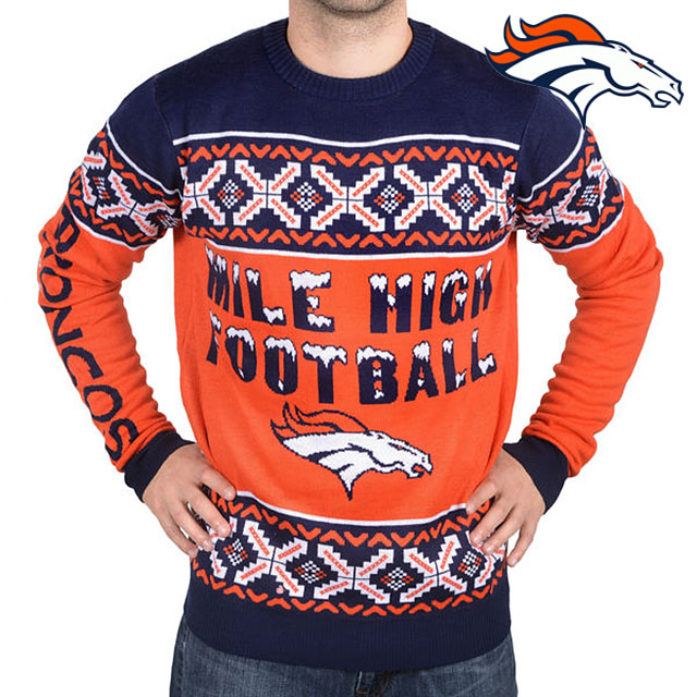 Denver Broncos Klew Orange & Navy Slogan Crew Knit Ugly Sweater